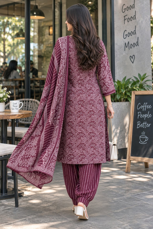 Wine Cotton Blend Printed Ready to Wear Patiala Salwar kurta sets women RW5285WN0926