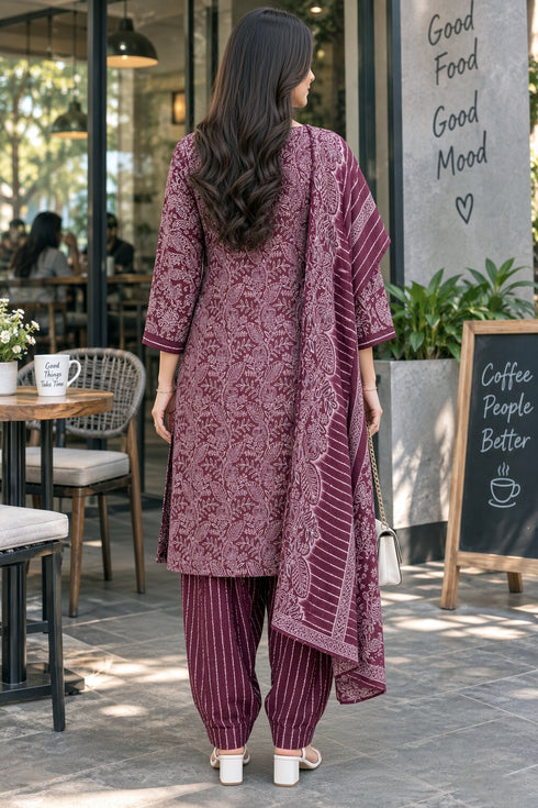 Wine Cotton Blend Printed Ready to Wear Patiala Salwar kurta sets women RW5285WN0926