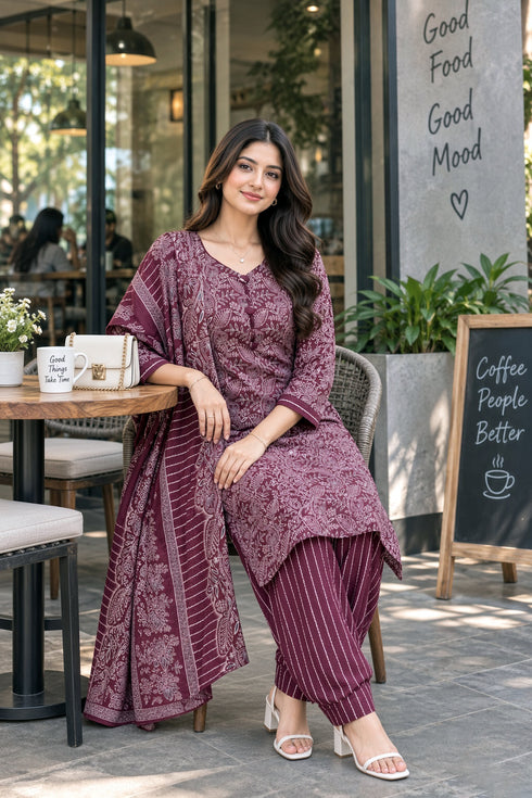 Wine Cotton Blend Printed Ready to Wear Patiala Salwar kurta sets women RW5285WN0926