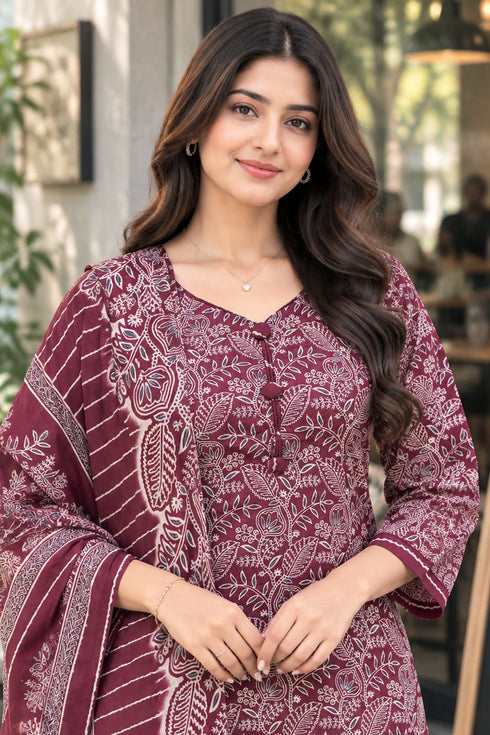 Wine Cotton Blend Printed Ready to Wear Patiala Salwar kurta sets women RW5285WN0926