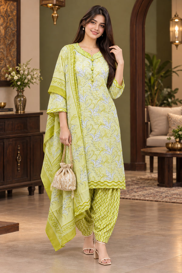 Parrot Green Cotton Blend Printed Ready to Wear Patiala Salwar Suit