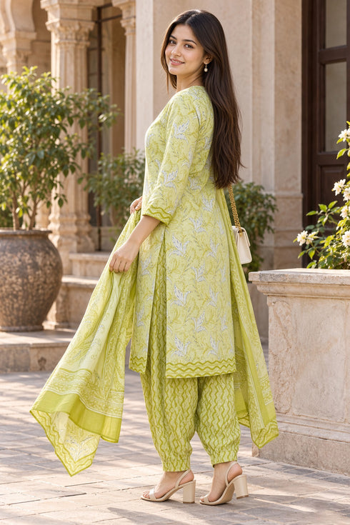 Parrot Green Cotton Blend Printed Ready to Wear Patiala Salwar Suit