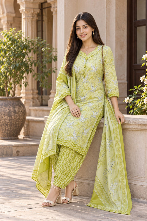 Parrot Green Cotton Blend Printed Ready to Wear Patiala Salwar Suit