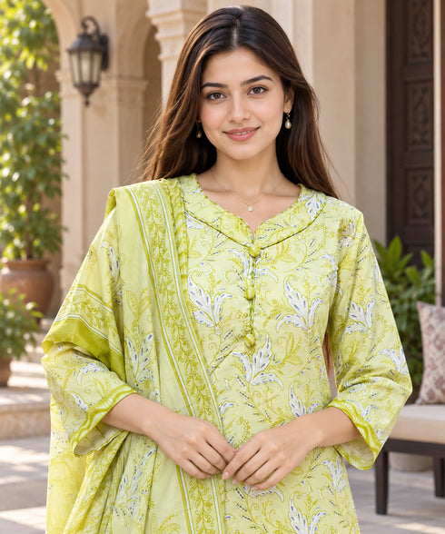 Parrot Green Cotton Blend Printed Ready to Wear Patiala Salwar Suit