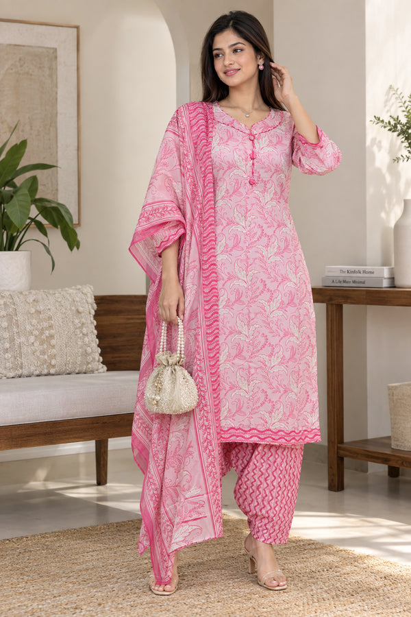 Baby Pink Cotton Blend Printed Ready to Wear Patiala Salwar Suit