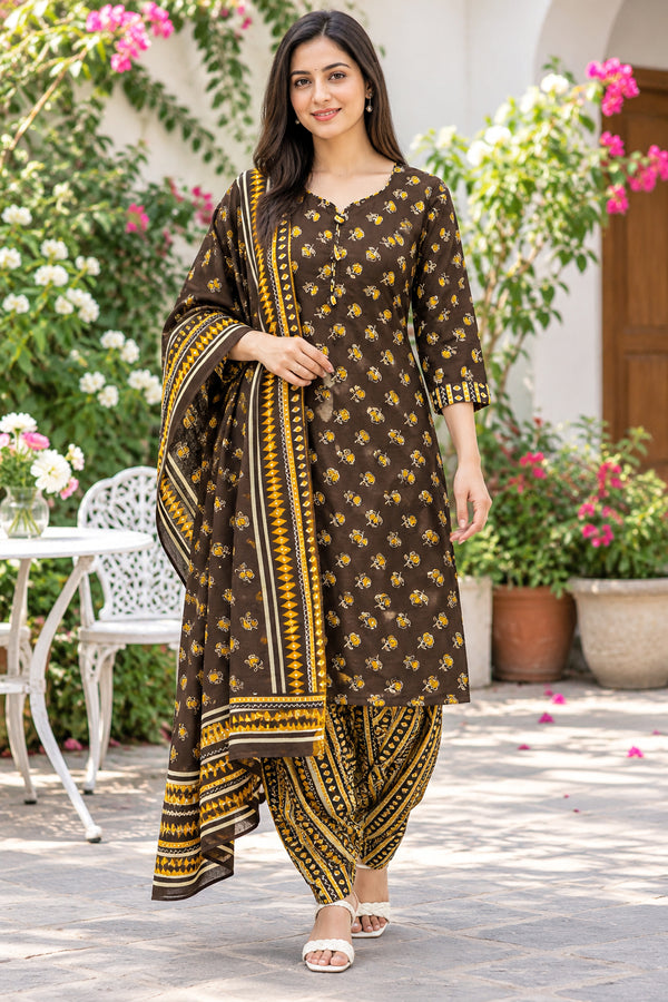Brown & Mustard Cotton Blend Printed Ready to Wear Patiala Salwar Suit