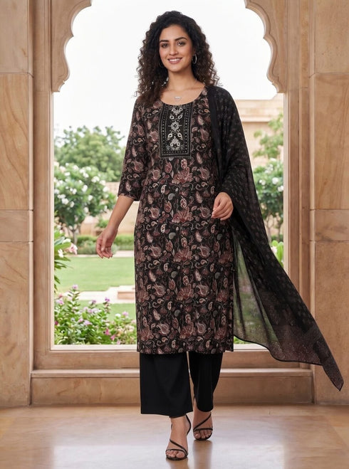 Black Cotton Jaipuri Printed Kurta & Pant With Dupatta