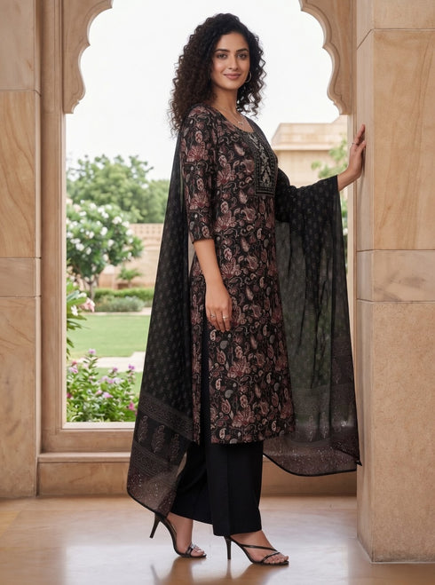 Black Cotton Jaipuri Printed Kurta & Pant With Dupatta