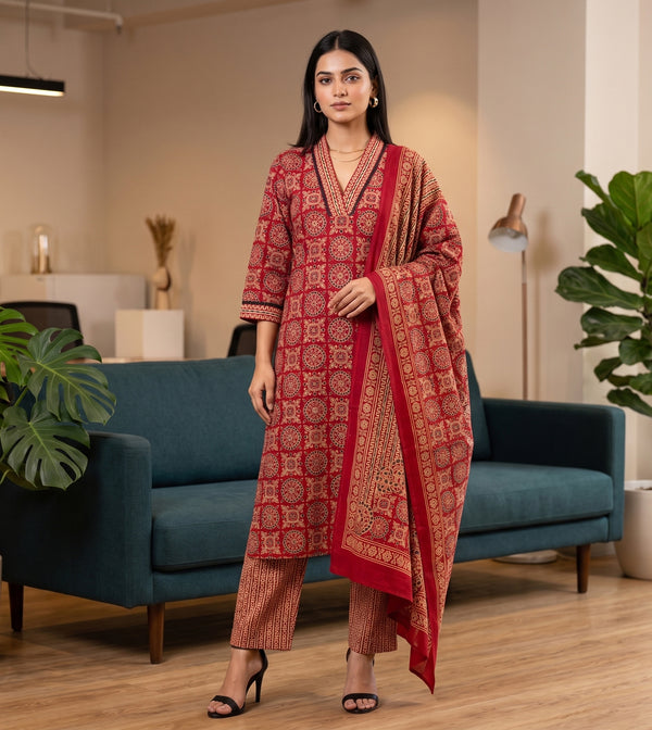 Red & Beige Cotton Blend Jaipuri Printed Kurta & Pant With Dupatta