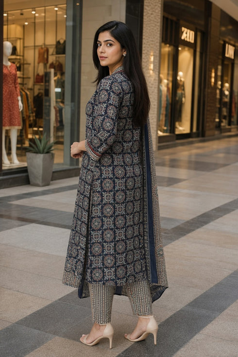 Blue & Beige Cotton Blend Jaipuri Printed Kurta & Pant With Dupatta