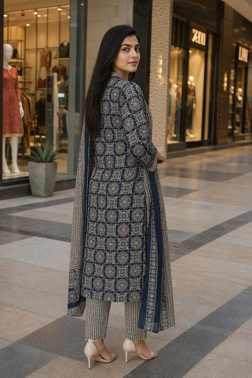 Blue & Beige Cotton Blend Jaipuri Printed Kurta & Pant With Dupatta