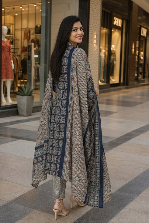 Blue & Beige Cotton Blend Jaipuri Printed Kurta & Pant With Dupatta