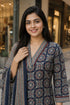 Blue & Beige Cotton Blend Jaipuri Printed Kurta & Pant With Dupatta