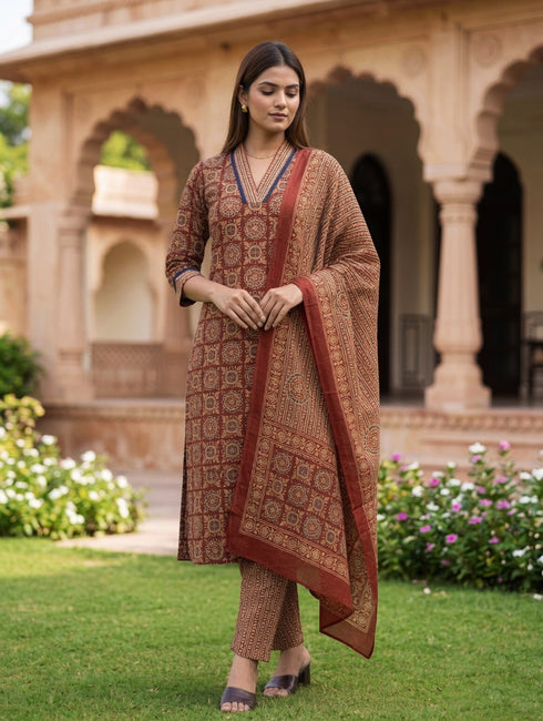 Maroon & Beige Cotton Blend Jaipuri Printed Kurta & Pant With Dupatta