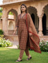 Maroon & Beige Cotton Blend Jaipuri Printed Kurta & Pant With Dupatta
