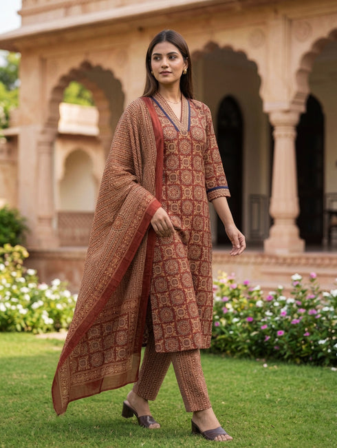 Maroon & Beige Cotton Blend Jaipuri Printed Kurta & Pant With Dupatta