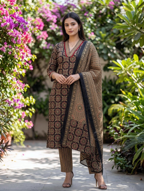 Cotton Blend Jaipuri Printed Kurta & Pant With Dupatta