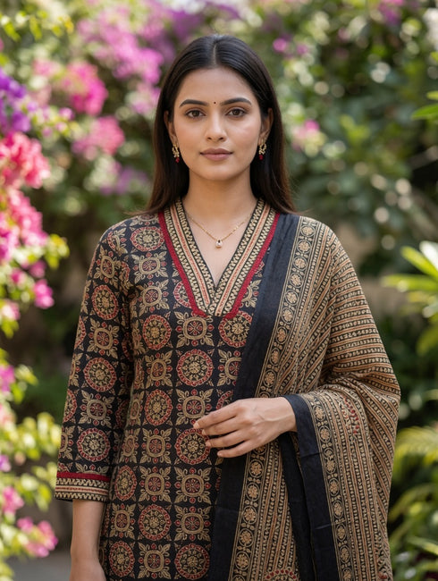 Cotton Blend Jaipuri Printed Kurta & Pant With Dupatta