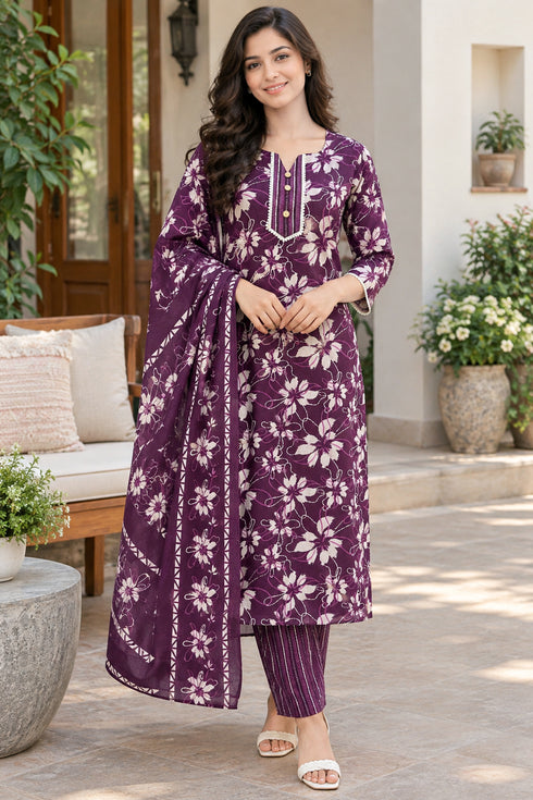 Wine Cotton Blend Jaipuri Printed Straight Kurta & Pant With Dupatta