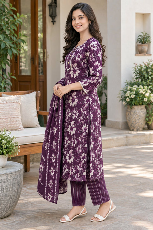 Wine Cotton Blend Jaipuri Printed Straight Kurta & Pant With Dupatta