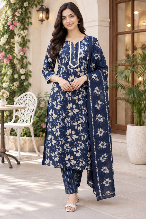 Navy Blue Cotton Blend Jaipuri Printed Straight Kurta & Pant With Dupatta