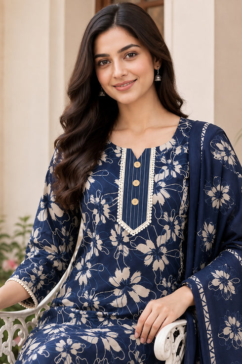 Navy Blue Cotton Blend Jaipuri Printed Straight Kurta & Pant With Dupatta