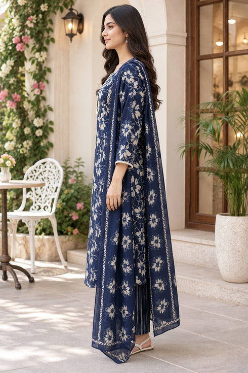 Navy Blue Cotton Blend Jaipuri Printed Straight Kurta & Pant With Dupatta