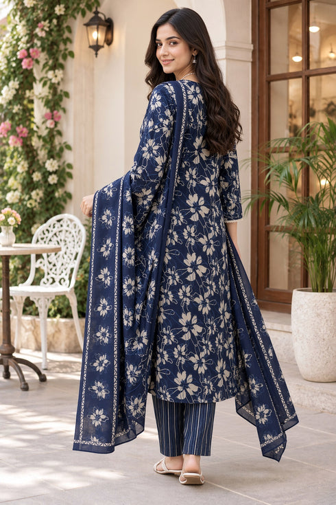 Navy Blue Cotton Blend Jaipuri Printed Straight Kurta & Pant With Dupatta