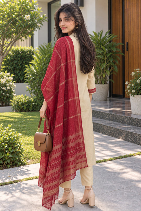 Beige Cotton Blend Solid Kurta & Pant With Dupatta