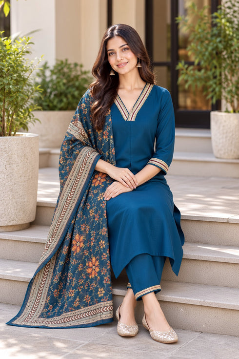 Blue Cotton Blend Solid kurta sets women