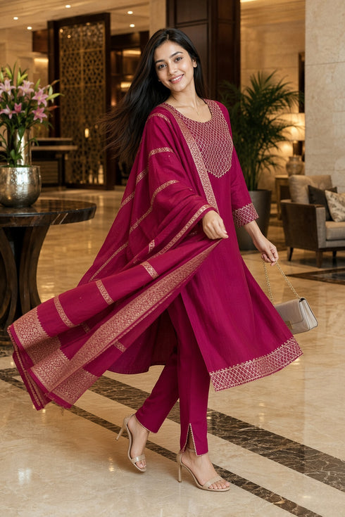 Pink Cotton Blend Solid Kurta & Pant With Dupatta