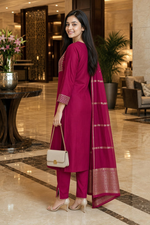 Pink Cotton Blend Solid Kurta & Pant With Dupatta