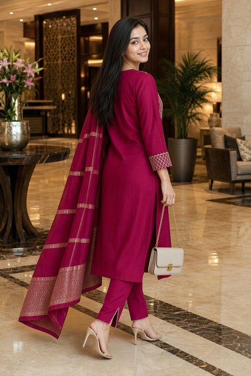 Pink Cotton Blend Solid Kurta & Pant With Dupatta
