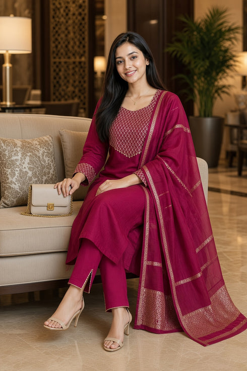 Pink Cotton Blend Solid Kurta & Pant With Dupatta