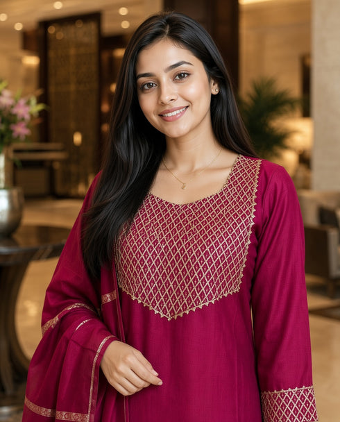 Pink Cotton Blend Solid Kurta & Pant With Dupatta
