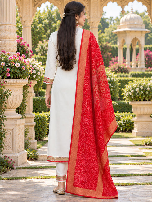 White And Red Cotton Blend Solid Kurta sets women