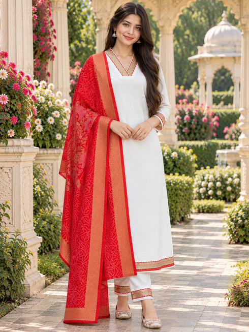 White And Red Cotton Blend Solid Kurta sets women