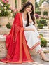 White And Red Cotton Blend Solid Kurta sets women