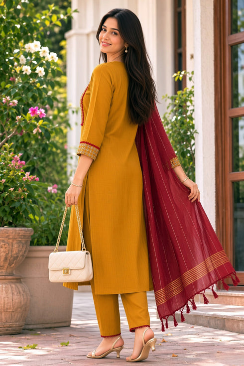 Mustard Yellow Cotton Blend Solid Kurta & Pant With Dupatta