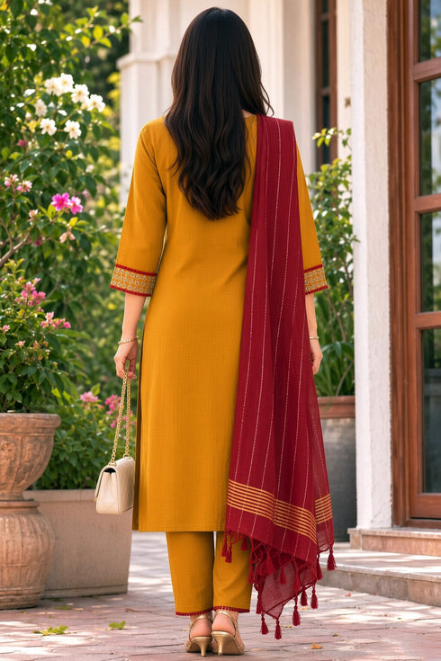 Mustard Yellow Cotton Blend Solid Kurta & Pant With Dupatta