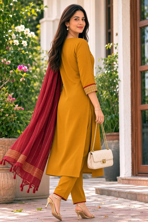 Mustard Yellow Cotton Blend Solid Kurta & Pant With Dupatta