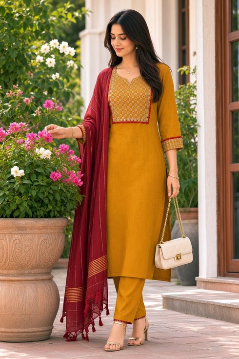 Mustard Yellow Cotton Blend Solid Kurta & Pant With Dupatta