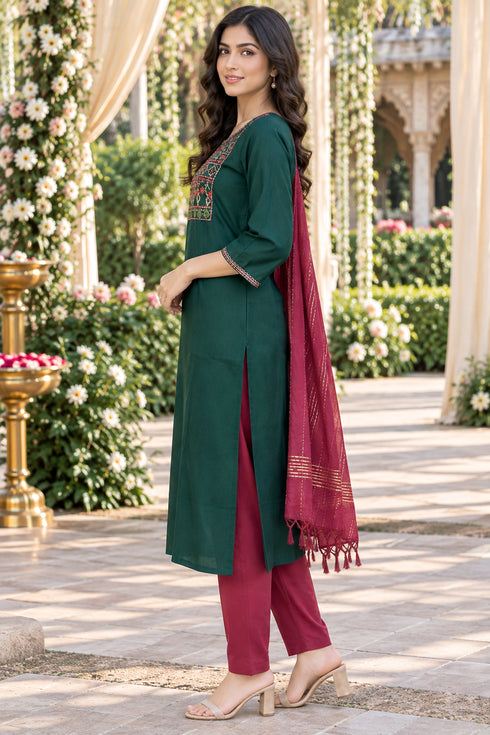 Bottle Green Cotton Blend Embroidered kurta sets women