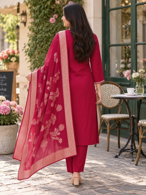 Maroon Cotton Blend Embroidered Kurta sets women
