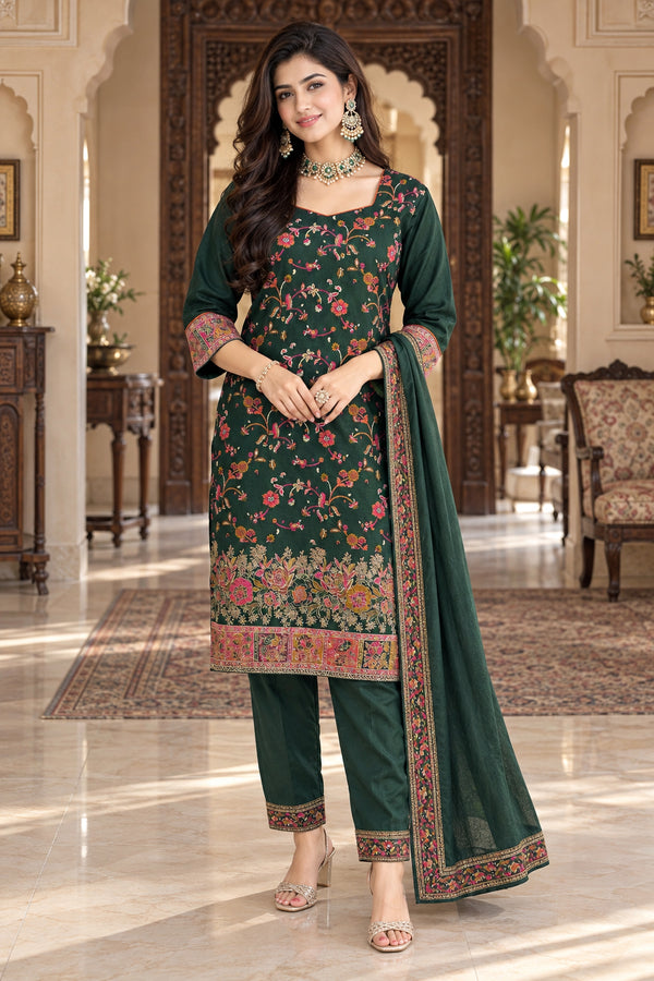 Green Silk Blend Jacquard Woven with Inner Straight Kurta & Pant With Dupatta