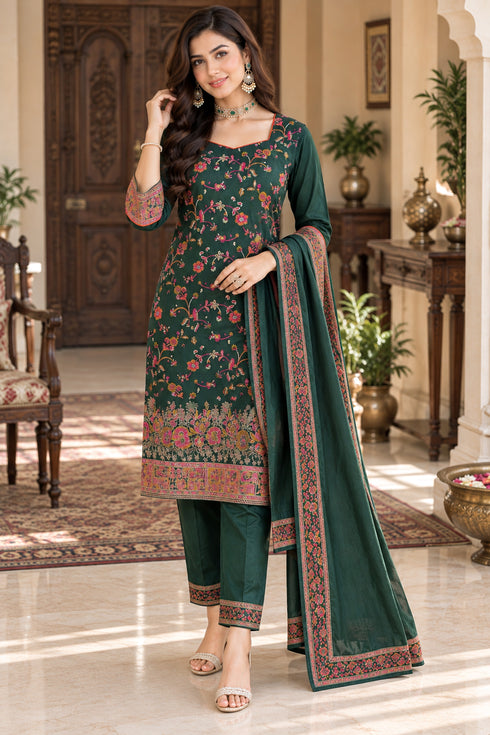 Green Silk Blend Jacquard Woven with Inner Straight Kurta & Pant With Dupatta