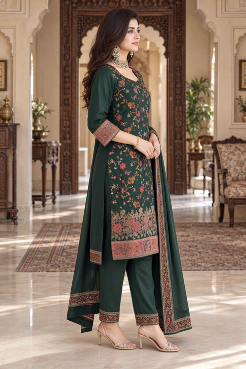 Green Silk Blend Jacquard Woven with Inner Straight Kurta & Pant With Dupatta