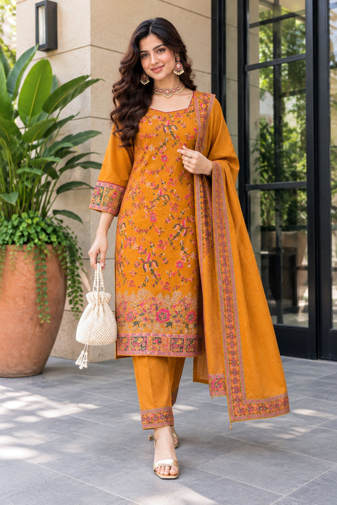 Mustard Yellow Silk Blend Jacquard Woven with Inner Straight Kurta & Pant With Dupatta