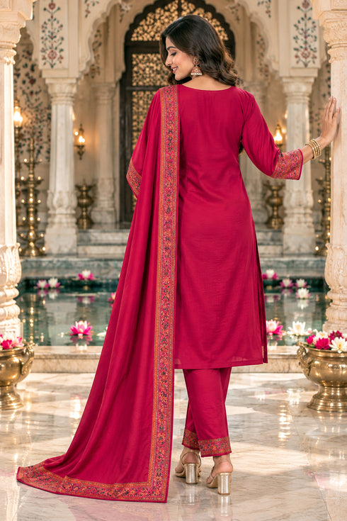 Pink Silk Blend Jacquard Woven with Inner Straight Kurta & Pant With Dupatta