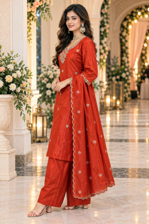 Rust Silk Blend with Inner Embroidered Beads Work Straight Kurta & Pant With Dupatta